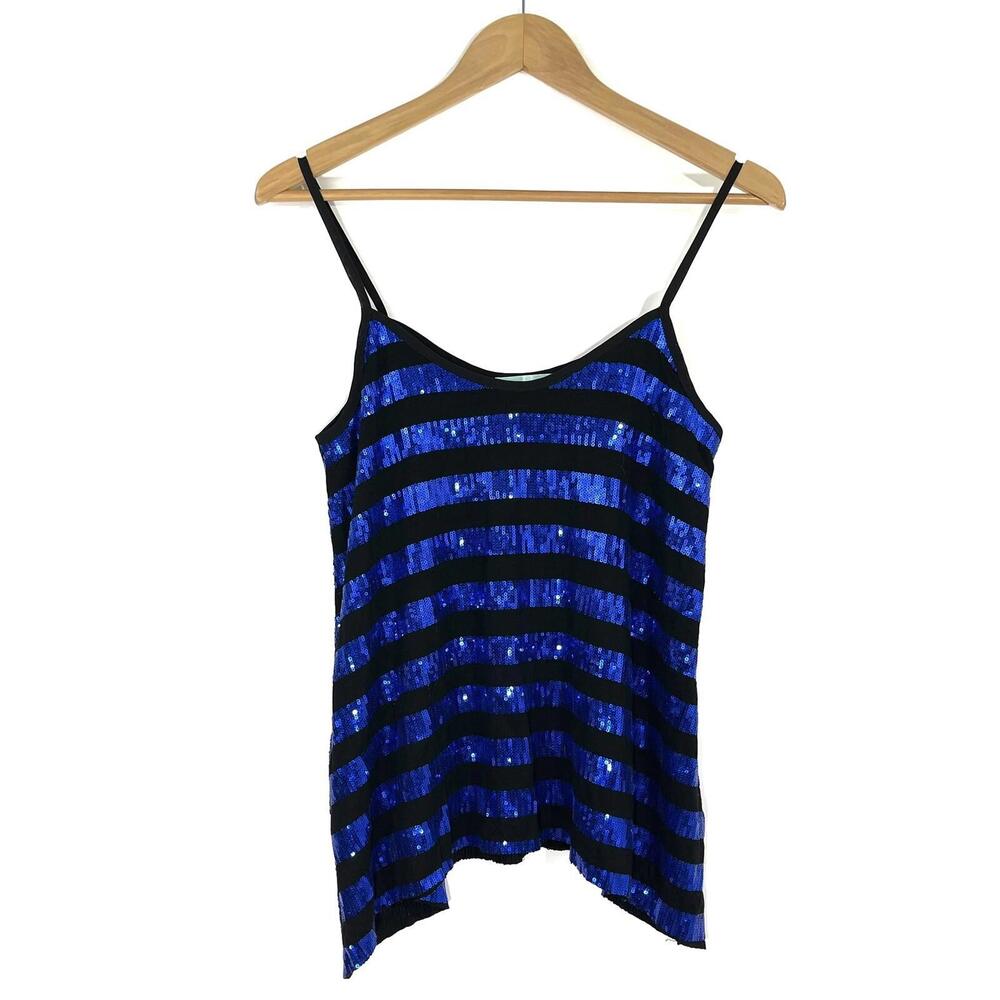 Chris & Carol Women’s Size Small Blue Sequin Stripe Black Knit Cami Top Blouse
